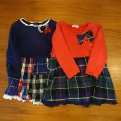 ミキハウス ワンピース90サイズ 2着セット 赤チェック&ネイビーパッチワーク