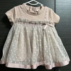 90サイズ 半袖 ピンク チュール ドット柄トップス