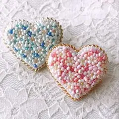 ビーズ刺繍 ブローチ ハート 2個セット ピンク＆ブルー ペア 春カラー