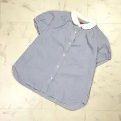 Yorkland 丸襟ストライプシャツ パフスリーブ ブルー L*PD793