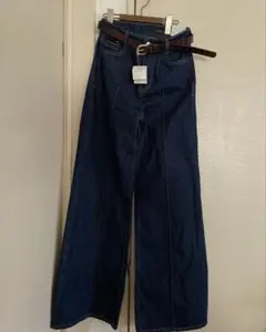 ZARA ルーズワイドレッグデニムパンツ ダークブルー ベルト付き