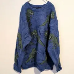 美品✨FOREVER 21【M】ブルー 恐竜柄 ニット セーター グラフィック