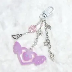 羽ハートのビーズキーホルダー