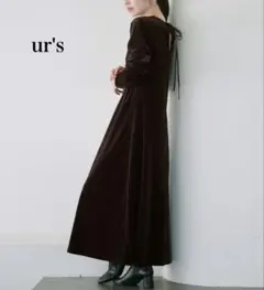 【新品】ユアーズ　バックリボンフィットアンドフレアベロアワンピース　ブラウン　M