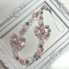 ハンドメイド　ビーズキーホルダー　ピンクリボン