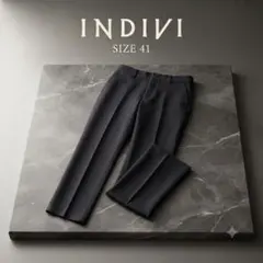美脚INDIVI ストライプパンツ 日本製 オフィス 通勤　L〜XL相当　夏◎のサムネイル