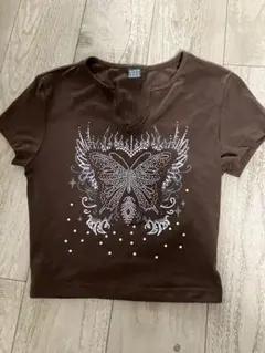 ブラウン 蝶柄プリント半袖Tシャツ