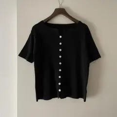 P01304 LAUIR あると便利な　リブ半袖ニットカーディガン ブラックのサムネイル