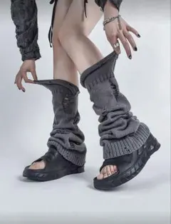 ルーズソックス風/グランジ/ダメージレッグウォーマー(グレー)