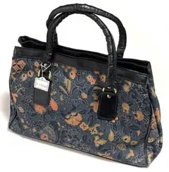 昭和レトロ 本革レザー×キャンバス 花柄 ハンドバッグ 和装 着物にも