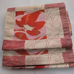 名古屋帯 赤とクリーム色 花柄