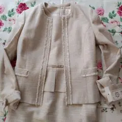 ベージュ ツイード ジャケットと半袖ワンピース セット　7号 S　新品タグ付き