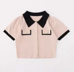 【完売品】NICE CLAUP 金ボタン配色衿ニットトップス ピンクバイカラー