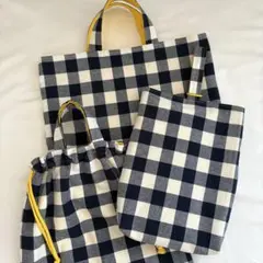 3点セット　レッスンバック　上履きバック　お着替巾着　ネイビーチェック×イエロー