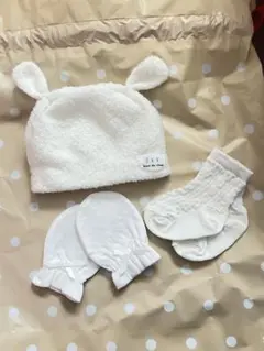 ホワイト ベビー帽子 ミトン 靴下 セット
