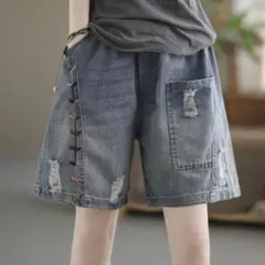 デニム ショートパンツ ハイウエスト＆Aライン 着痩せ ゆったり 薄手 涼しい