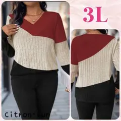 新品✿3L~”リブニット 配色 トップス プルオーバー 大きいサイズレディース