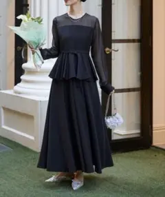チュールシアースリーブドッキングペプラムワンピース　黒　フリーサイズ