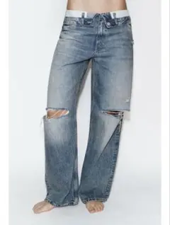 完売品 最安 ZARA TRF 折り返しウエストミッドライズデニムパンツ ブルー