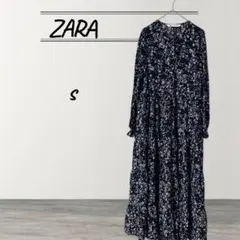 ZARA ザラ　花柄 ロングワンピース ギャザー4段 袖口ゴム　レーヨン　黒