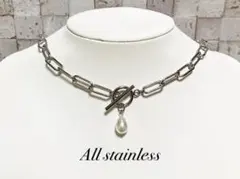 サージカルステンレス マンテル チョーカー ネックレス パール