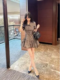 リボン付き2Wayチェック柄バルーンミニワンピース[ta286] Mサイズ