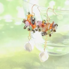 淡水パール＆トルマリンの耳飾り　金具変更無料　6月＆10月誕生石　ハンドメイド