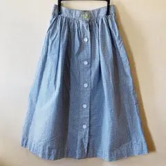 昭和レトロ 小紋柄 フレアスカート ブルー 前ボタン 古着