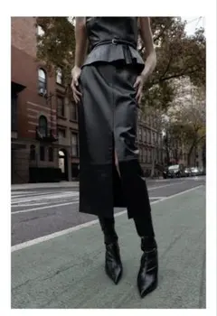 ZARA フェイクレザー ミディスカート 黒