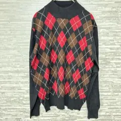 シルク55% カシミヤ45% アーガイル柄 ハイネック ニット　黒