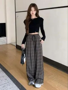チェックワイドパンツ