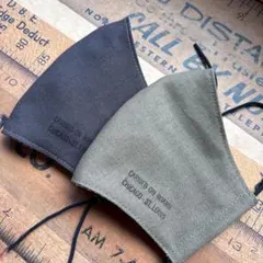 ハンドメイド布マスク★9708 大人用 綿麻 カーキ ブラック 黒系。スタンプ