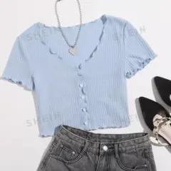 SHEIN EZwear フロントボタン レタストリム リブニット Tシャツ
