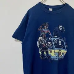 ホラー映画キャラ集合Tシャツ ダークブルー 海外古着 レアデザイン (M)