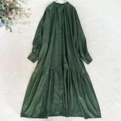 ロングシャツワンピース　バンドカラー　ティアード　ゆったり　長袖　カーキ　L