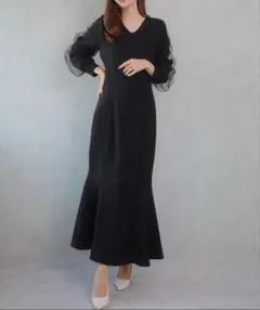 Vネックシアースリーブマーメイドワンピース 骨スト