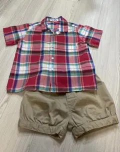 赤・チェック柄 半袖シャツとショートパンツセット　90cm