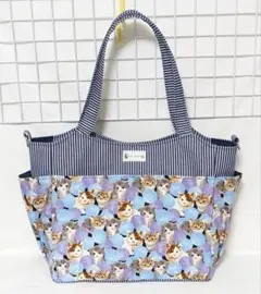 子猫と水彩水玉・ヒッコリー カラーデニムNのサイドポケット付きトートバッグW