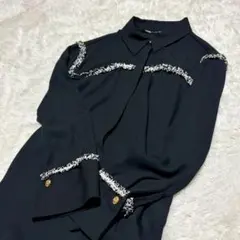 【美品】ZARA フリンジシアーシャツ Mサイズゴールドボタン ブラックシャツ