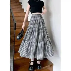 ギンガムチェック ティアードスカート 大人可愛い お出かけ Lサイズ