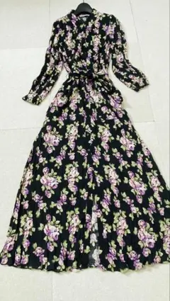 9687. ZARA シワ加工 マキシ丈 ロングワンピース Lサイズ リボン