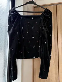 Lilly brown 黒の刺繍入りベルベットトップス