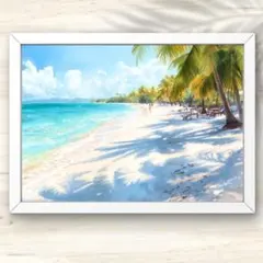 A4 白い砂浜とエメラルドグリーンの海 トロピカルビーチ風景画ウォールアート