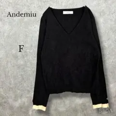 ♡アンデミュウ【F】Vネックニット 長袖 バイカラー 袖ボタン ブラック