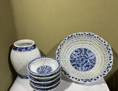 有田焼 琴峰窯 網目透かし染付　＊花瓶 ＊菓子鉢＊小皿5枚 全7点セット 有田焼 琴峰窯 網目透かし染付 ＊花瓶 ＊菓子鉢＊小皿5枚 全7点セット