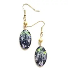 和風　ブラック　藤の花と2匹の蝶オーバル　ピアス