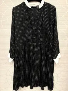 春服　美品　ZARA ザラ　 黒・白ドット パールボタン　シフォンワンピース