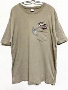 激レア ワーナーブラザーズ 90s L ベージュ 細ボーダー キャラ刺繍のサムネイル