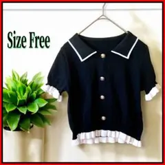 半袖ニット ショート丈 フリル フリー バイカラー　黒