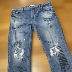 ZARA ザラ　落書き　デニム　ジーンズ　クラッシュ　ダメージ加工　ストレッチ